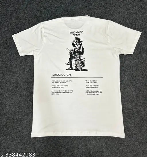 Cotton-Lycra blend round neck half sleeves printed men's t-shirt in trendy design, available in M, L, XL sizes for casual or semi-casual wear