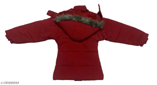 Red winter parka jacket with a fur collar, size 4 to 7 years