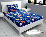 Glace cotton kids' single bedsheet with elastic fitted, featuring a cartoon print. Fits 6-inch mattresses, includes 1 pillow cover for summer use. Made in India