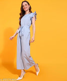 Light blue stripe printed crepe long jumpsuit with ruffled sleeves and waist belt, women's style by Serein. Business-casual jumpsuit perfect for office wear