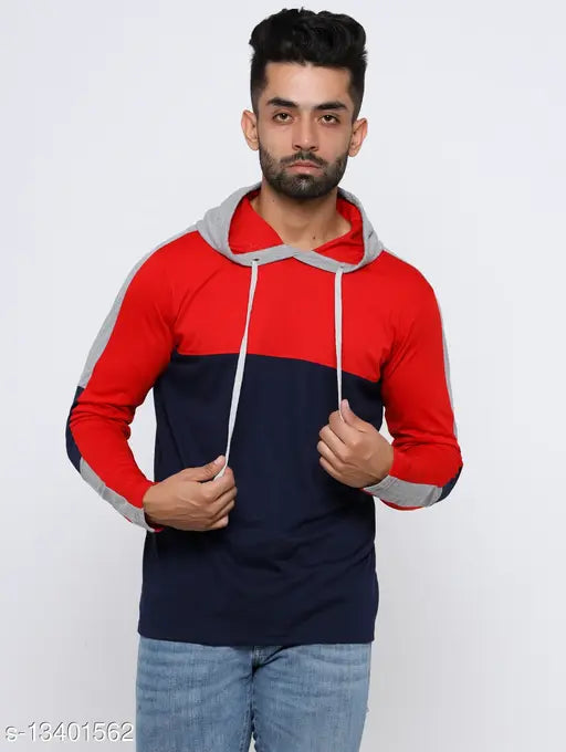 Colorblocked cotton blend men's hoodie with long sleeves, India-made