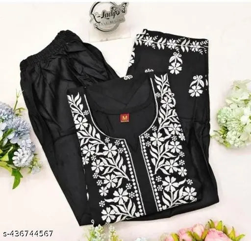 Rayon Ghasspatti chikankari work kurta and plazzo set, embellished Indian women's fashion set with long sleeves
