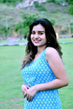 Blue Rayon sleeveless kurta palazzo set, vibrant printed design, Indian traditional wear for women