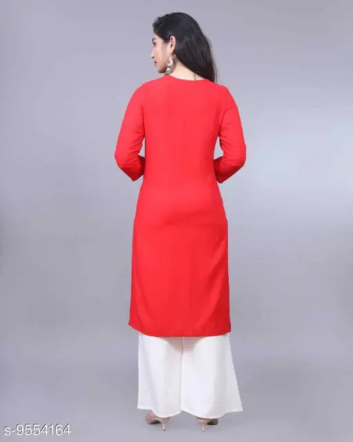 Rayon A-line self-design long kurti with palazzos, vibrant rayon fabric and three-quarter sleeves, Indian ethnic wear for women on display