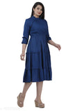 Deep blue pleated midi dress with short ruffled sleeves