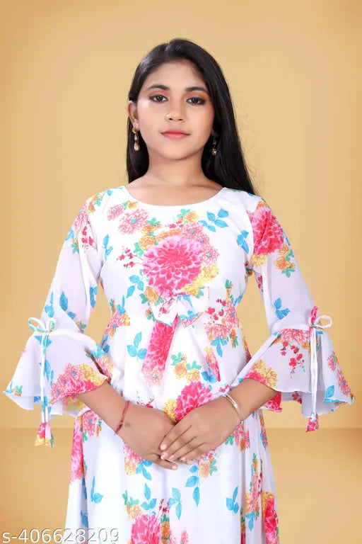 Georgette gown, sleeveless, printed, timeless elegance, matching dupatta, girls' fashion, Indian-made