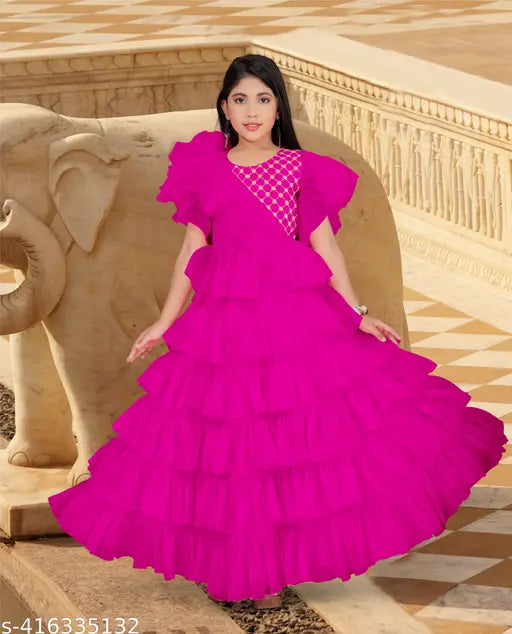 Kids net gown, three-quarter sleeves, printed pattern. Star70 party dress for festivals, ages 5-16. Indian origin