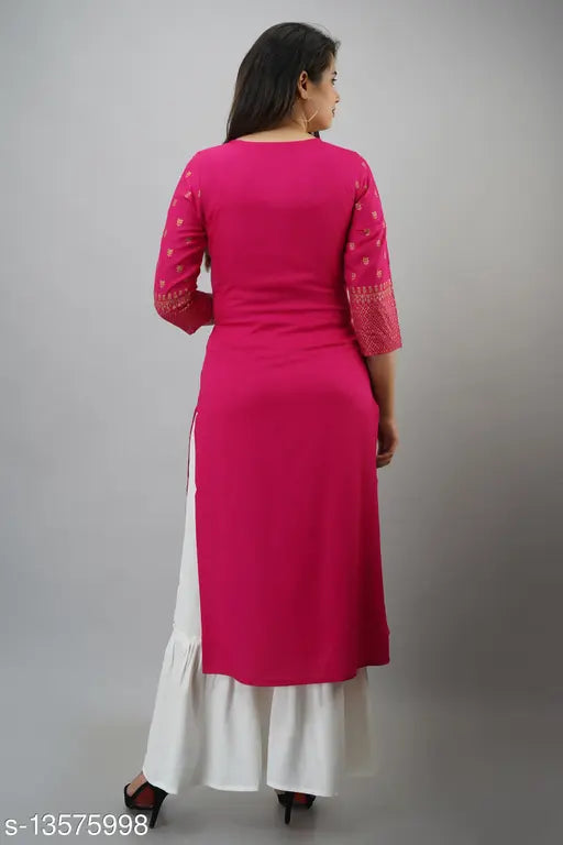 Pink rayon kurta with gold print, full sleeves, tiered bottom, front slit