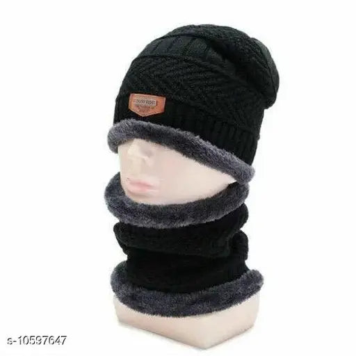 Black winter beanie cap with fur lining, warm inside and soft, unisex style for men women girls, includes one scarf in set