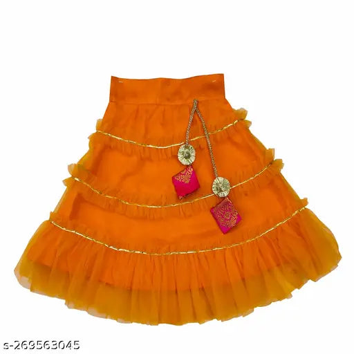 Taffeta silk and net lehenga-choli set for kids, featuring ruffle stitch and zari woven patterns. Colors may vary due to lighting during photo shoot. Indian origin