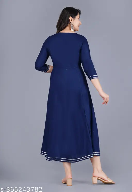 Viscose rayon embroidered anarkali kurti, single-colored three-quarter sleeve style for women. M (38 in), L (40 in), XL (42 in), XXL (44 in), XXXL sizes available. Indian handcrafted fashion wear