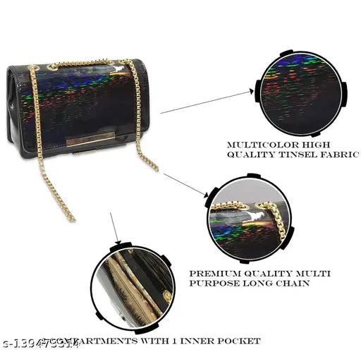Magnificent style womens slingbag combo, multi-color high-quality tinsel fabric, premium quality long chain