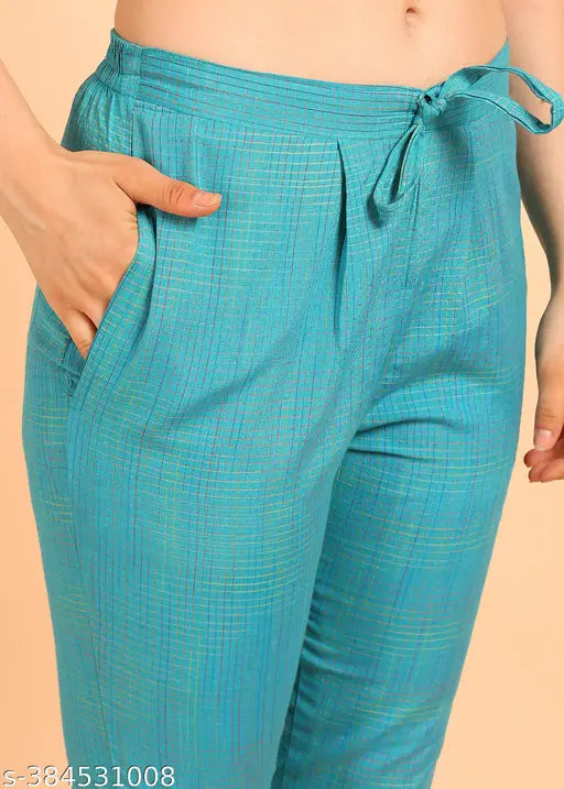 Cotton kurti pant set with dupatta, printed three-quarter sleeves, single size M-XXXL, Indian ethnic wear on mannequin
