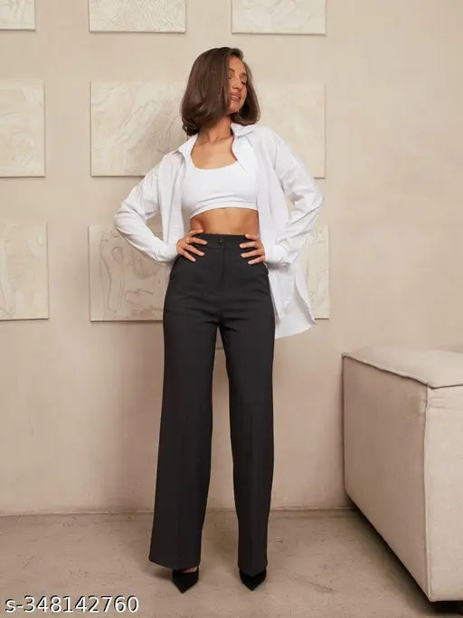 Women's solid color high waist black casual trousers, mid-calf length, zipper closure