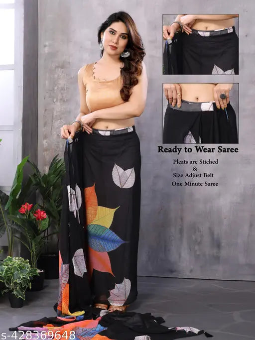Georgette saree with leaf print and tassel border