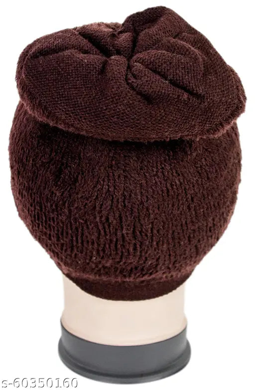 Dark Brown Woolen Winter Beanie Cap, Expandable Fit for Men & Women - Neska Moda KC291
