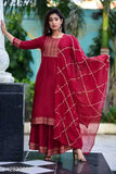 Red and gold embroidered kurta set with sharara, long sleeves, floor length