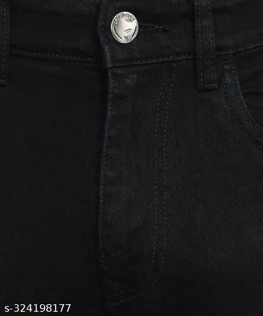 Black denim regular fit jeans, solid pattern, five pockets, mid-rise, button waist closure, clean wash, good for men sizes 28, 30, 32. Indian manufacturing