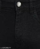 Black denim regular fit jeans, solid pattern, five pockets, mid-rise, button waist closure, clean wash, good for men sizes 28, 30, 32. Indian manufacturing