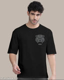 Black cotton round-neck t-shirt, printed typography design, men's oversized fit (S - XL), versatile for daily wear, gym, yoga, or travel, Indian origin