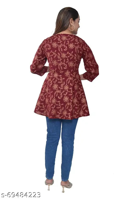 Gold printed rayon women's festival top, three-quarter sleeves, Indian-origin, partywear and trendy