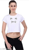 White cotton crop top with printed design for women, featuring short sleeves and available in sizes M (36 in bust) & XL (40 in bust). Made in India
