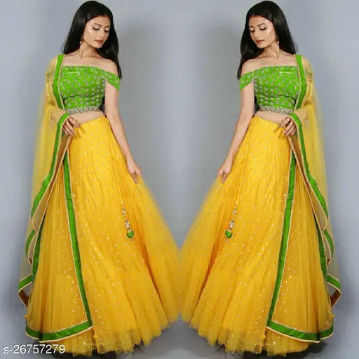 YellowGreen net semi-stitched Maliya lehenga choli & dupatta with embroidery and lace, Indian bridal wear on display stand