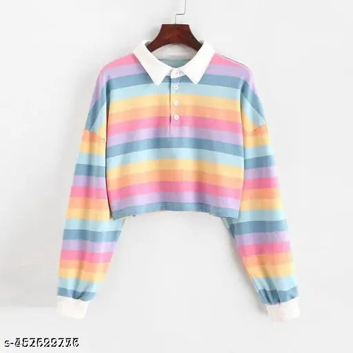 Rainbow striped long sleeve crop top, medium - Lycra, teen girls fashion - striped pattern, cropped length