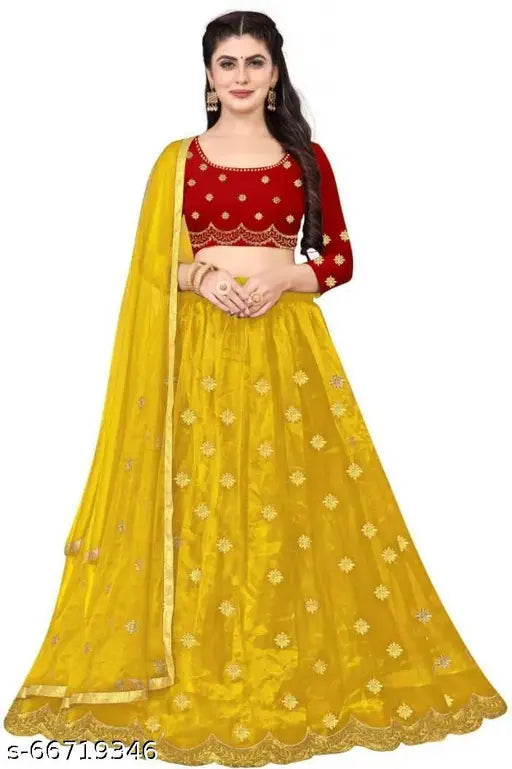 Red Art Silk blouse and net Lehenga with yellow dupatta, free size semi-stitched Indian traditional wear