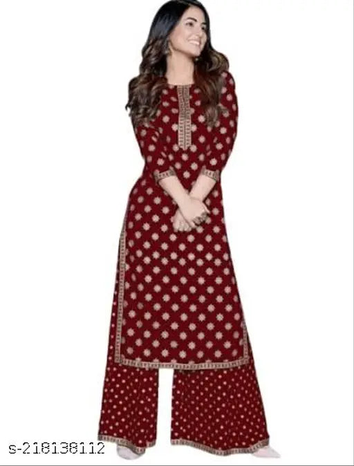 Maroon Rayon Heena Khan kurta set with printed palazzos, Indian ethnic fashion for women