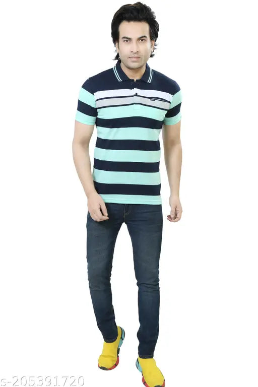 Multi-colored striped cotton blend polo t-shirt for men, half sleeve with pocket - Made in India