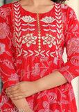Red floral print rayon anarkali kurta, three-quarter sleeves, embroidered, new women's long dress