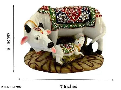 Multicolor marble dust/polyresin cow & calf idol, 12.5cm x 7.5cm x 7.5cm, Indian handicraft animal figurine for spiritual decor