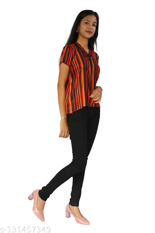 Multicolor rayon short sleeves striped t-shirt for women, trendy fashion accessory from India