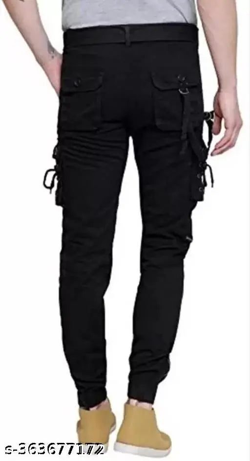 Men's black cotton-blend cargo pants solid net, perfect fit for any occasion. Size: 28, 30, 32, 34, 36 (Waist: 28in-36in, Length: 40in-41in). Made in India