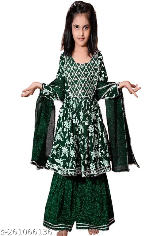 Green Rayon Kurta Sharara Set with Embroidered Dupatta and Three-Quarter Sleeves for Baby Girl, India origin