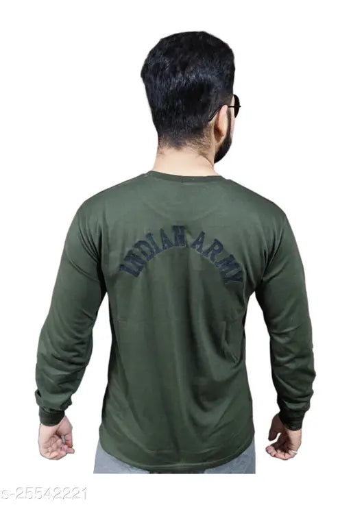 Olive green cotton blend military style t-shirt for men, solid design perfect for sports, gym, and outdoor activities