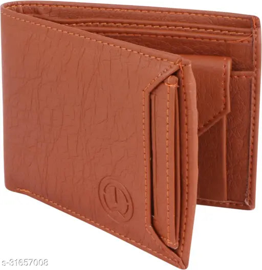 Brown faux leather men's two-fold wallet, solid design with 3 card slots, 2 secret compartments, and coin pocket. Handcrafted in high-quality PU leather, free size (11x10 cm). Made in India