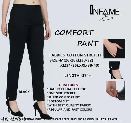 Cotton solids trousers - trendy elegant women's pants (size 26/37in, 38/37in, etc.) - stylish modern wardrobe staple from Infame, India
