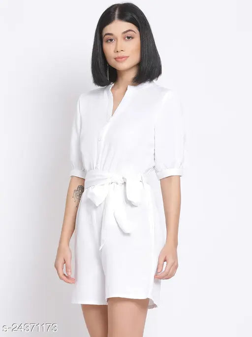 White women's polyester playsuit by Oxolloxo, mock collar with notched V-neckline, short puffed sleeves, and matching belt. Made in India