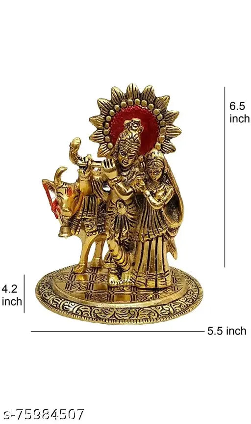 Metal Radha Krishna statue with cow, traditional Indian idol on pedestal