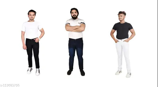 Denim jeans for men's pack of 3 - solid-colored denim, waist sizes 28, 30, 32, 34, 36 & length size 42in, made in India