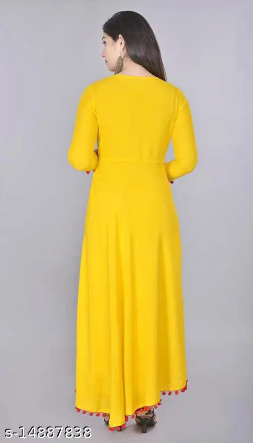 Women's rayon solid yellow long anarkali kameez
