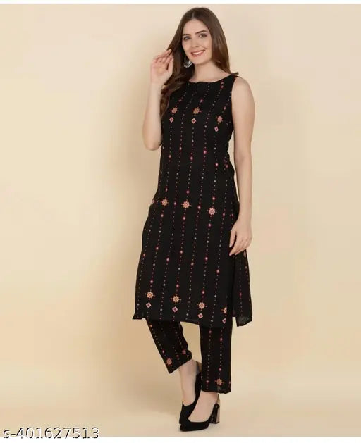 Black star-printed viscose rayon kurti plazo set with pants for girls and women