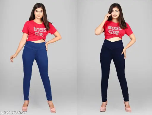Blue denim jeggings, two pairs of solid navy blue denim in women's size 30, made in India
