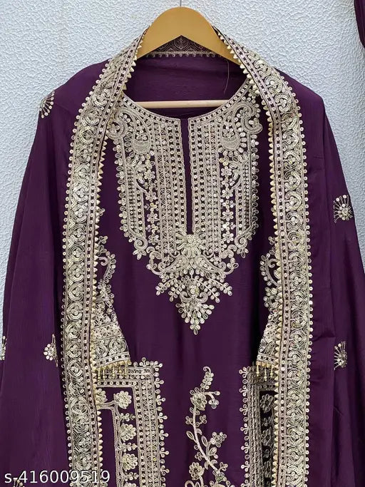 Purple chinnon silk heavy suit with plazzo and dupatta set