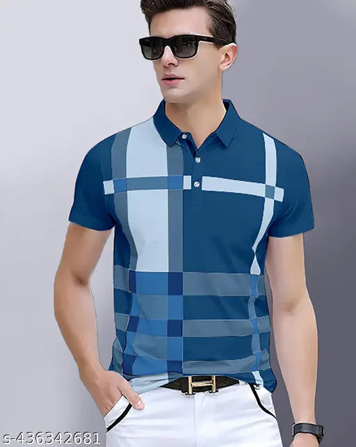 Blue cotton blend checked regular polo T-shirts (pack of 2) - AOOSH men's casual wear, India origin