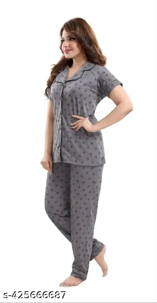 Stretchy cotton blend nightsuit for girls & women in printed net pattern, ideal for relaxing at home