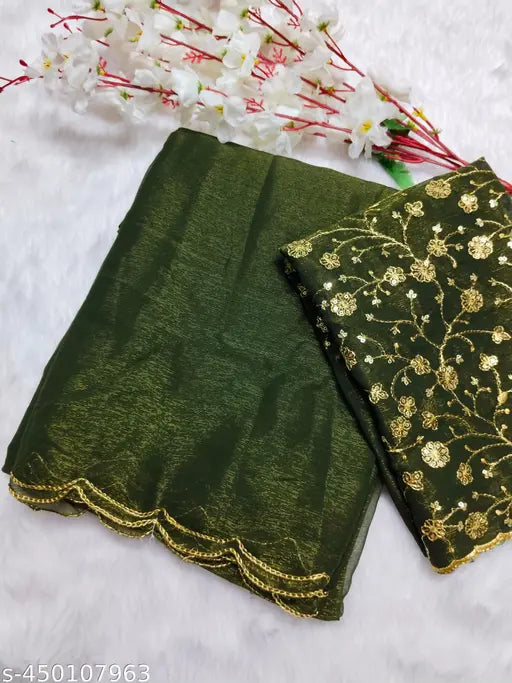 Dark green georgette sari, handcrafted with gold thread embroidery
