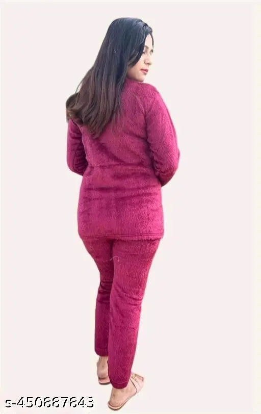 Woolen winter night suit (wine), printed net long-sleeve pyjama for women from India